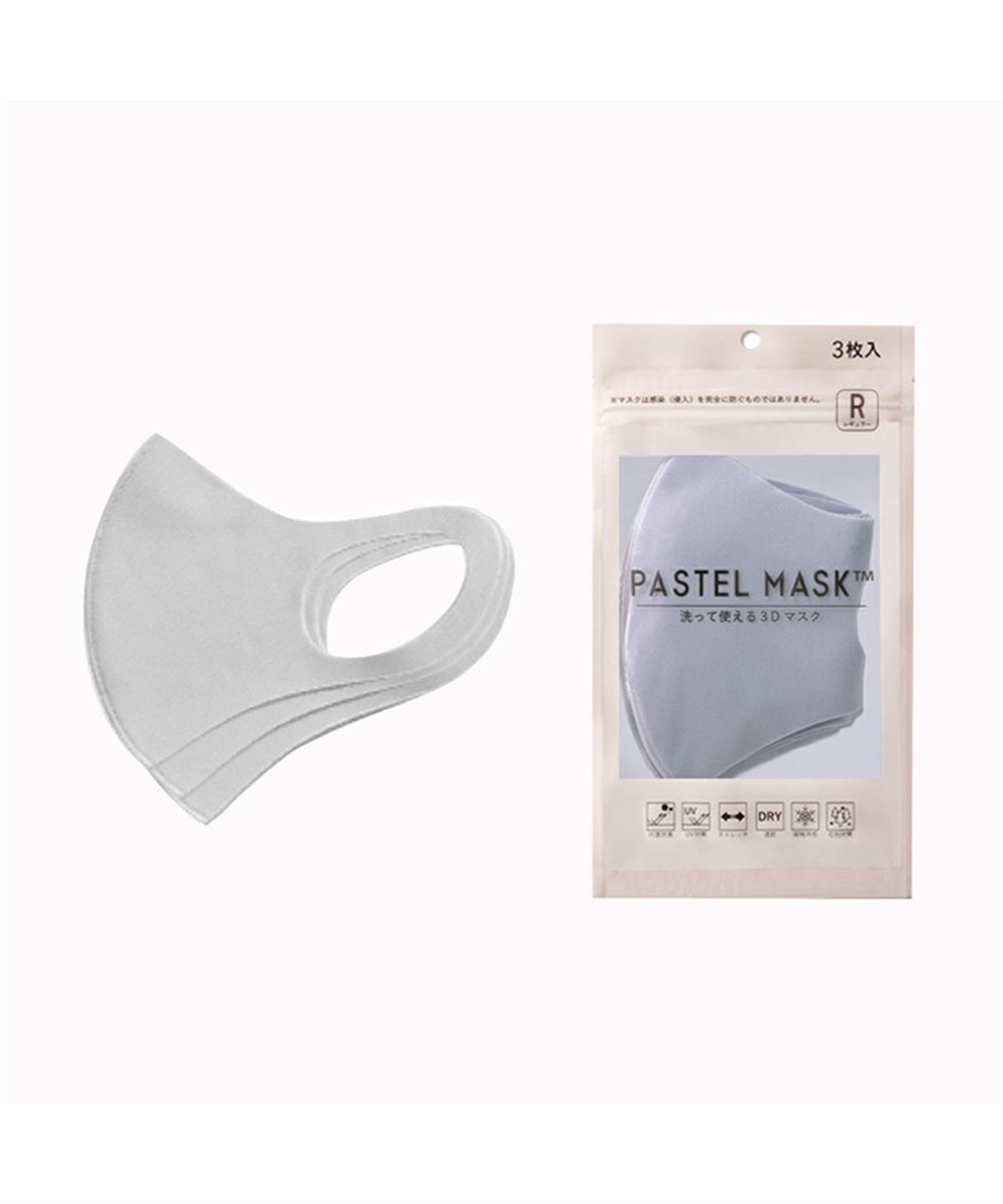 パステルマスク ３枚入 洗って使える3D布マスク 三層構造 ポリエステル素材(グレー-スモール)