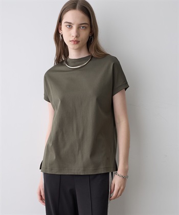【接触冷感】モックネックTシャツ(カーキ-M)