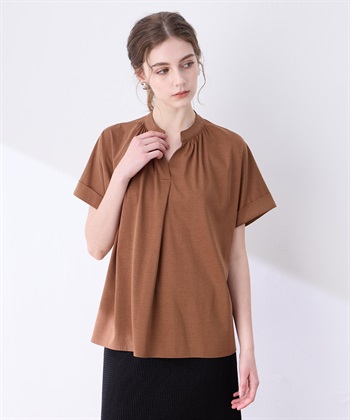 【接触冷感】ギャザースキッパーブラウス(ブラウン-M)
