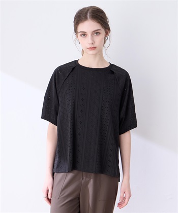 カットレースランタンスリーブプルオーバー(ブラック-M)