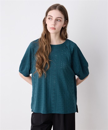 カットレースランタンスリーブプルオーバー(グリーン-M)