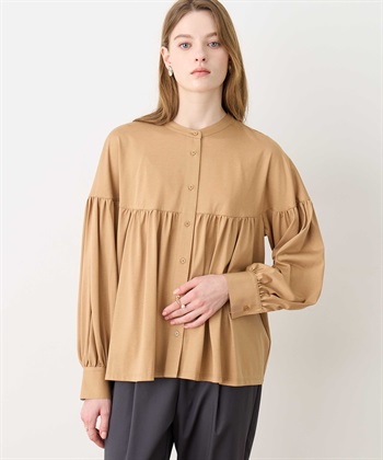 ギャザーフレアブラウス(ベージュ-M)