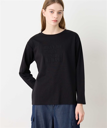 刺しゅうロングTシャツ(ブラック-M)