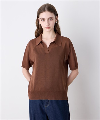 襟付きシアーニットプルオーバー(ダークブラウン-M)