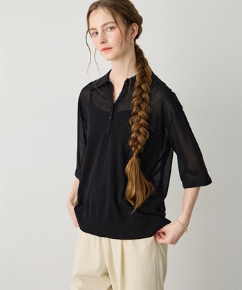 ポロカラーニットプルオーバー(ブラック-M)