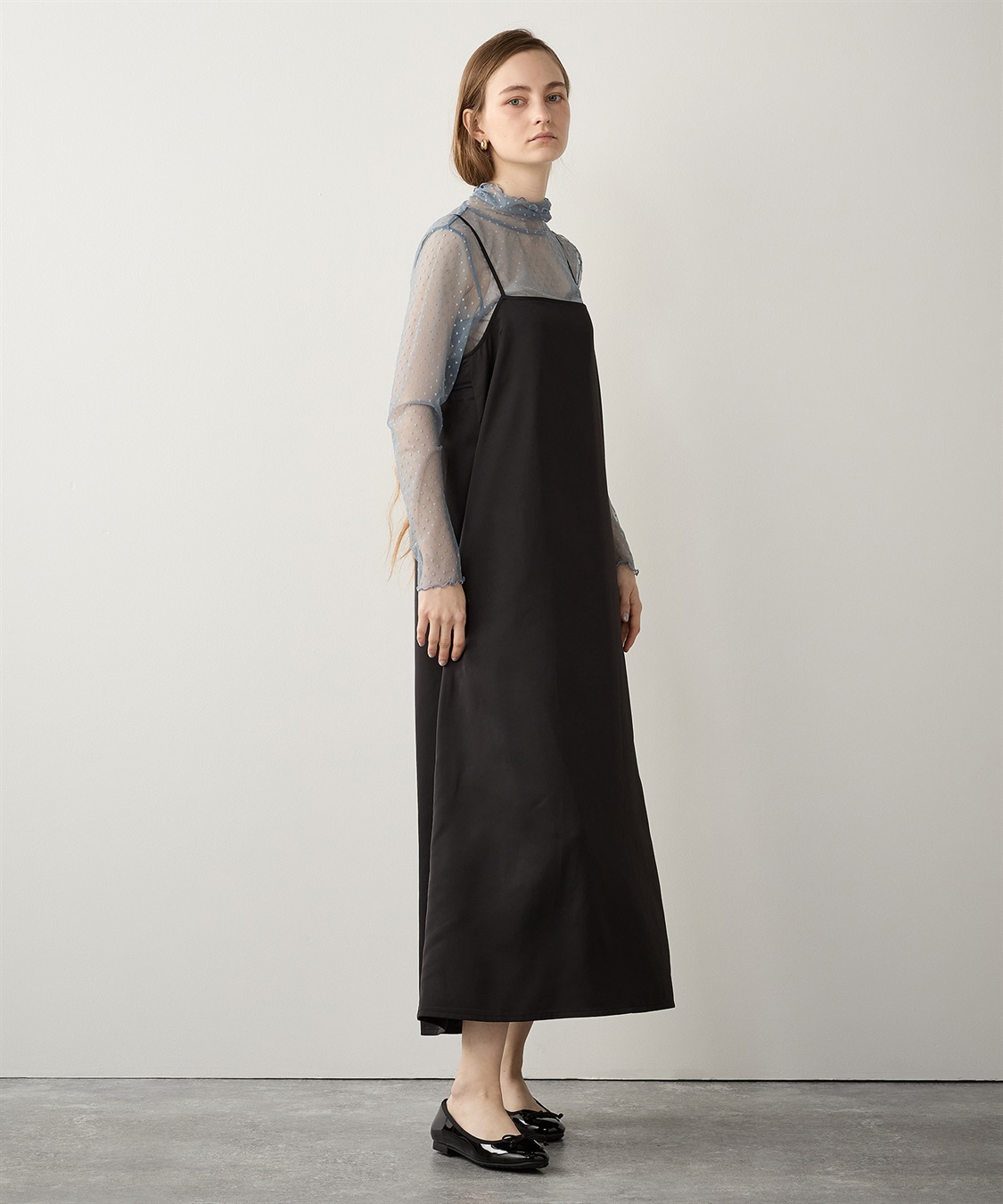 SENEE 黒 サテン キャミワンピース ロング satin cami onepiece (サテンキャミワンピース)（ワンピース