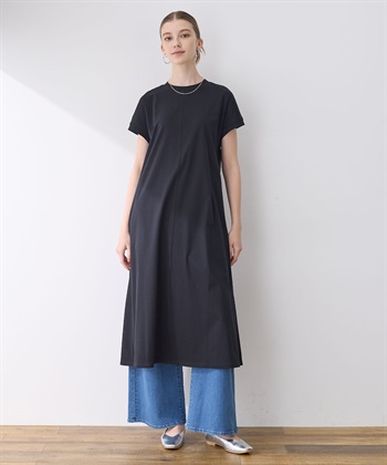 【接触冷感】モックネックワンピース(ブラック-M)