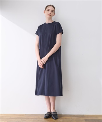 【接触冷感】モックネックワンピース(ネイビー-M)