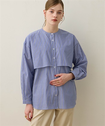 レイヤード風ストライプブラウス(サックス-M)