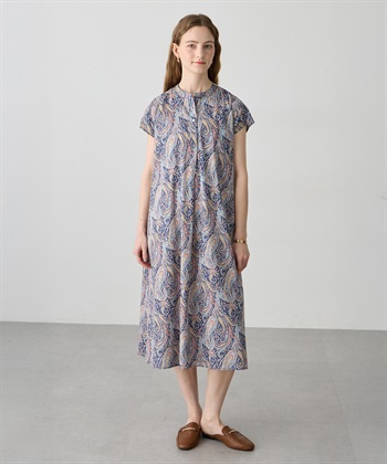 【Liberty】リバティプリントワンピース(ネイビー-M)