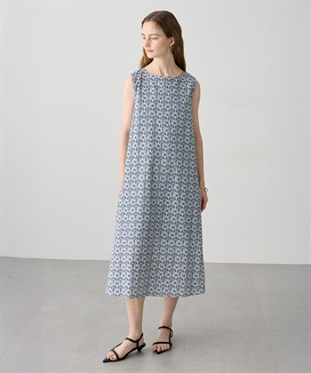 【Liberty】リバティプリントワンピース(ネイビー-M)