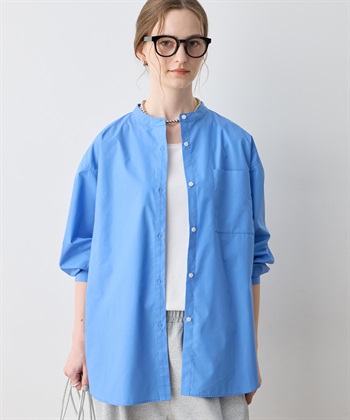 ノーカラーシャツ(ブルー-M)
