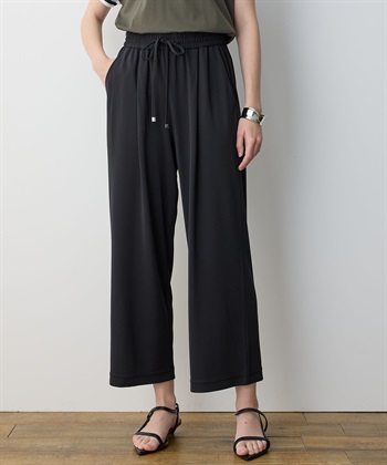 【イージーエレガンス】ストレッチワイドパンツ【接触冷感・ウエストゴム・カットソー素材】(ブラック-M)