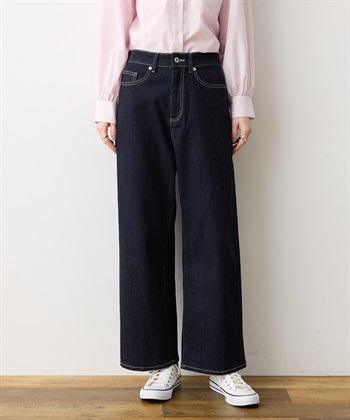 ストレッチデニムワイドパンツ(ネイビー-M)
