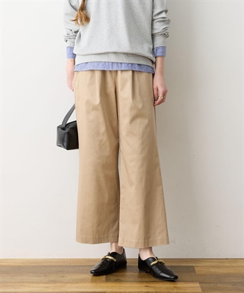 ストレッチタックワイドパンツ【ウエストゴム・サスティナブル素材】(ベージュ-M)