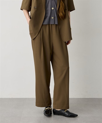リネンライクタックワイドパンツ 【ウエストゴム・セットアップ対応】(カーキ-M)