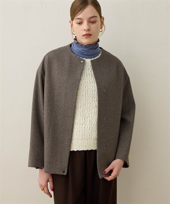 ノーカラーショートコート(ブラウン-M)