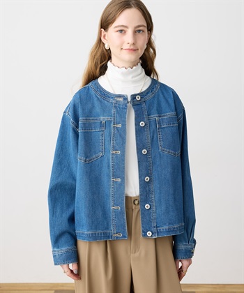 ストレッチノーカラーデニムジャケット(ブルー-M)