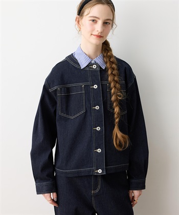 ストレッチノーカラーデニムジャケット(ネイビー-M)