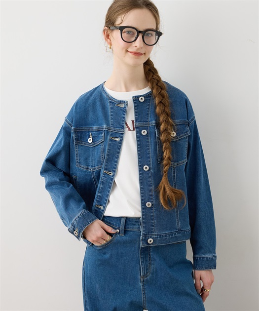 ノーカラーストレッチデニムジャケット