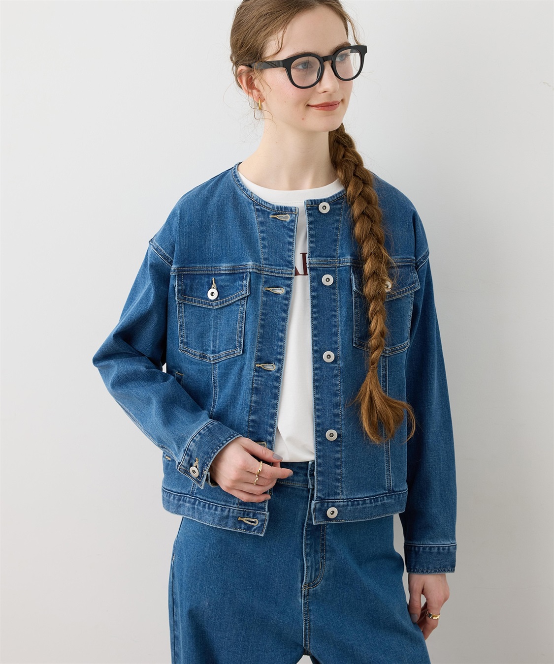 LE SOUK HOLIDAY ノーカラーストレッチデニムジャケット_variation_1