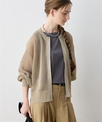 ラメメッシュジップアップブルゾン【ハンドウォッシャブル】(ベージュ-M)