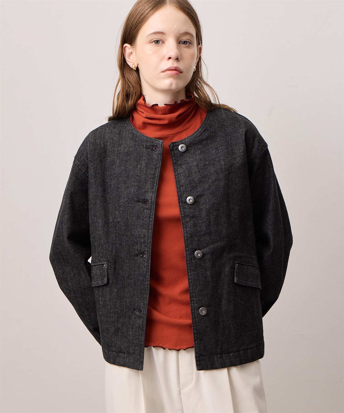 LE SOUK HOLIDAY ストレッチデニムノーカラーブルゾン_main