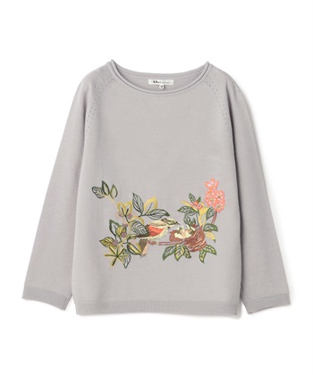バード刺繍ボートネックニット(ライトグレー-9号)