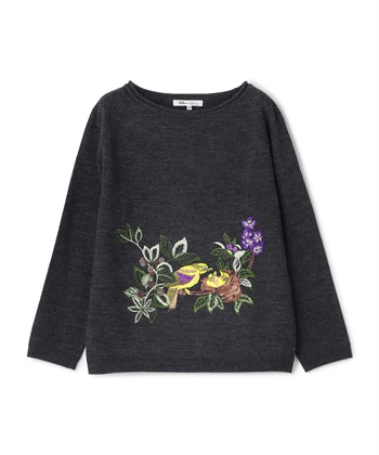 バード刺繍ボートネックニット(チャコール-9号)