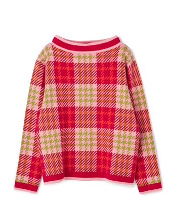 チェック柄ボトルネックニットプルオーバー(レッド-9号)