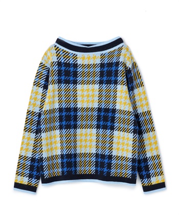 チェック柄ボトルネックニットプルオーバー(ブルー-9号)