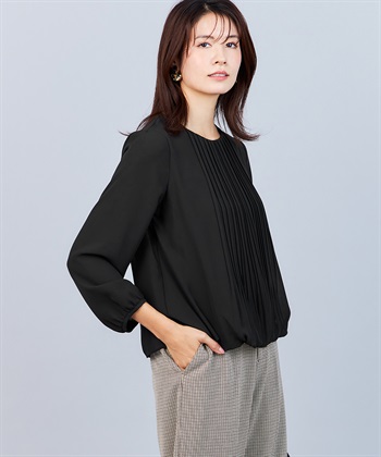 フロントプリーツTブラウス(ブラック-M)