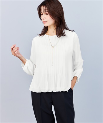 フロントプリーツTブラウス(オフホワイト-M)