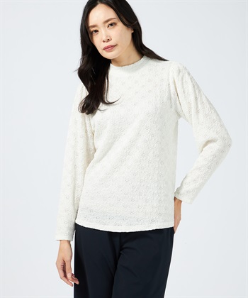 ハイネックレースプルオーバー(オフホワイト-M)