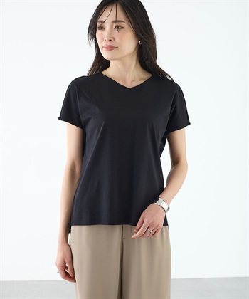 フレンチVネックTシャツ【すごツヤ・UVカット・接触冷感】(ブラック-M)