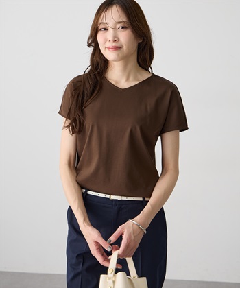 フレンチVネックTシャツ【すごツヤ・UVカット・接触冷感】(ブラウン-Ｍ)