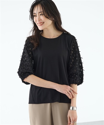 カットジャガード切替えプルオーバー【接触冷感・UVカット】(ブラック-M)