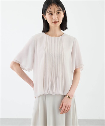 消しプリーツ楊柳ブラウス(ライトグレー-M)