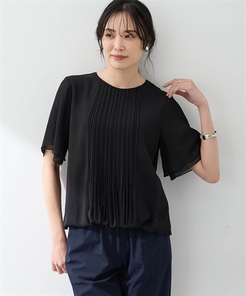 消しプリーツ楊柳ブラウス(ブラック-M)