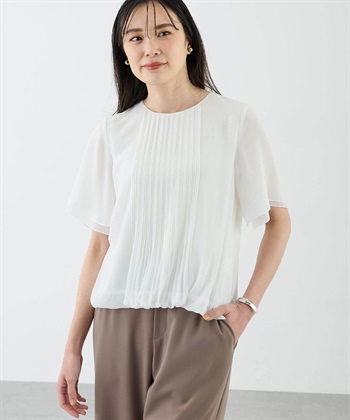 消しプリーツ楊柳ブラウス(オフホワイト-M)