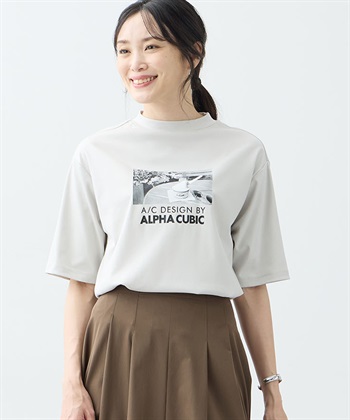 【アルコラージュ】モックネックフォトＴシャツ【接触冷感・UVカット】(ライトグレー-M)