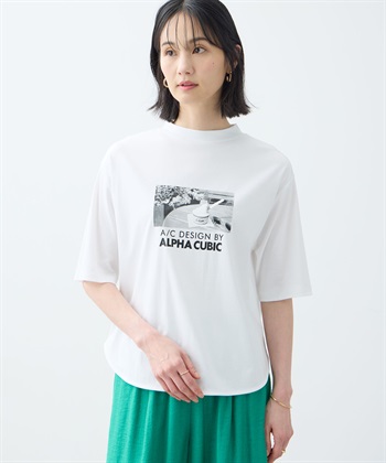 【アルコラージュ】モックネックフォトＴシャツ【接触冷感・UVカット】(オフホワイト-M)