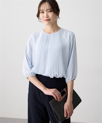 シフォンプリーツＴブラウス(サックス-M)
