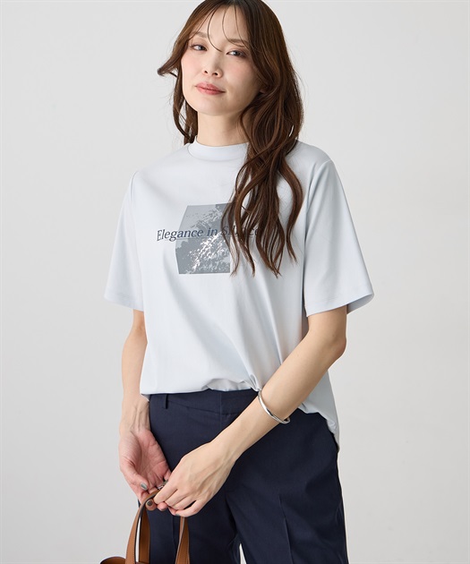 モックネック箔プリントロゴTシャツ【すごツヤ・接触冷感・UVカット】