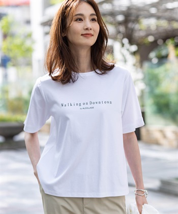 【ALCOLLAGEプリント】ラウンドヘムプリントＴシャツ【すごツヤ・UVカット・接触冷感】(オフホワイト-M)