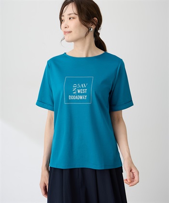 【ALCOLLAGEプリント】プリントボートネックＴシャツ【すごツヤ・UVカット・接触冷感】(グリーン-M)