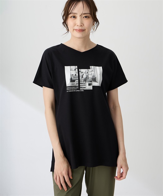 【ALCOLLAGEプリント】フォトプリントストライプＴシャツ【すごツヤ・UVカット・接触冷感】