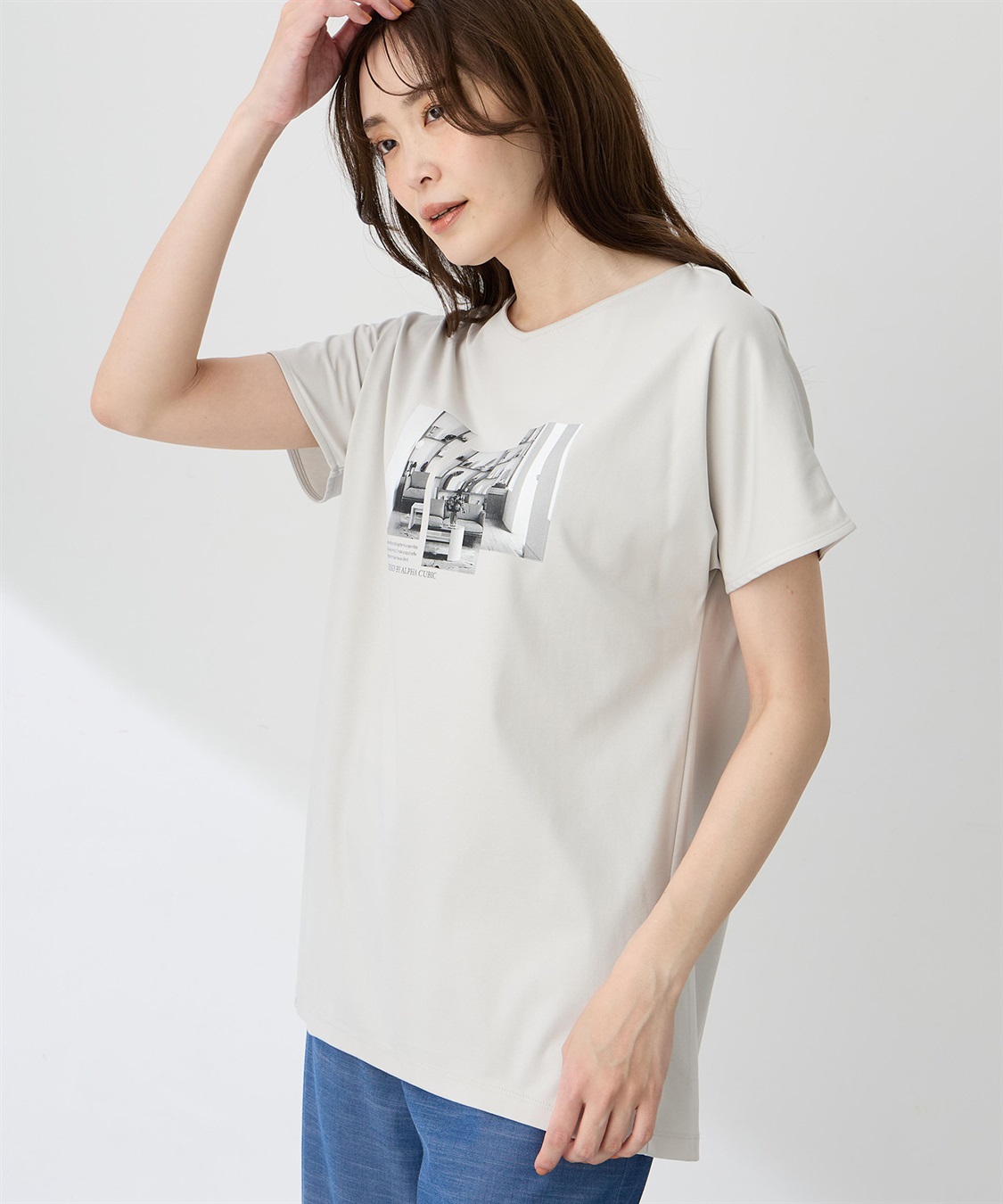 A/C DESIGN BY ALPHA CUBIC 【ALCOLLAGEプリント】フォトプリントストライプＴシャツ【すごツヤ・UVカット・接触冷感】_variation_1