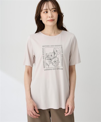 フラワーイラストプリントＴシャツ【ひやツヤ・UVカット・接触冷感】(ライトグレー-M)