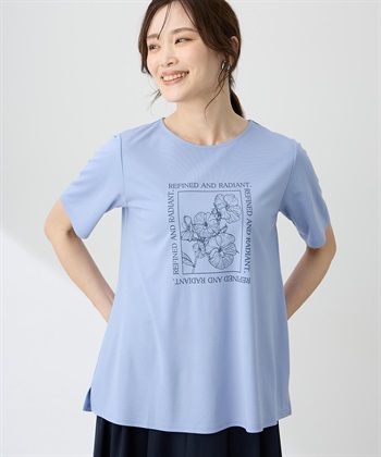 フラワーイラストプリントＴシャツ【ひやツヤ・UVカット・接触冷感】(サックス-M)